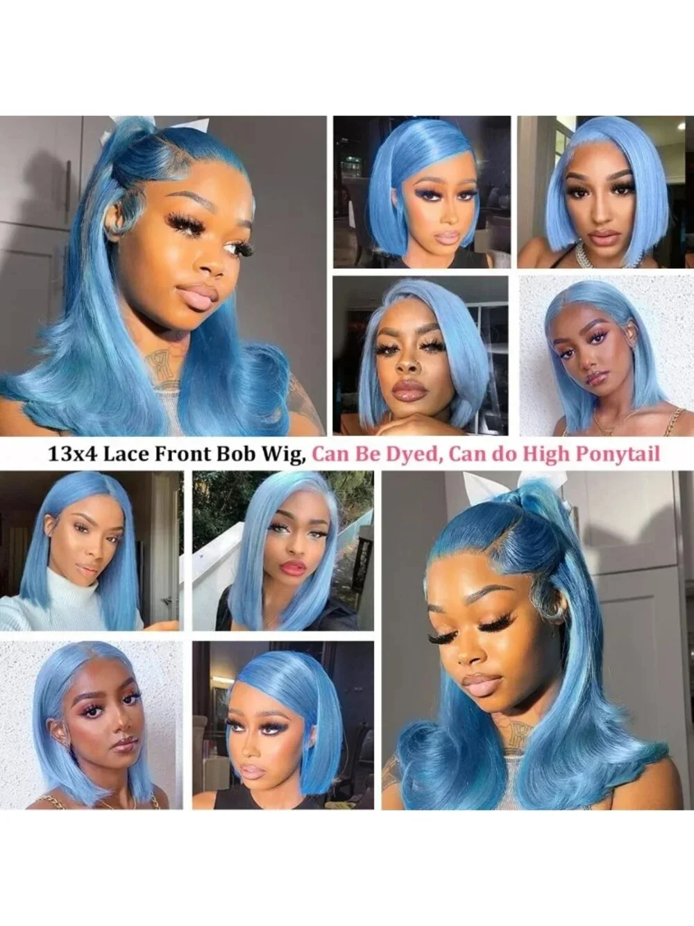Light Blue Bob Wig 13x4 HD Lace Front, Glueless, 8-Inch Straight, Brazilian